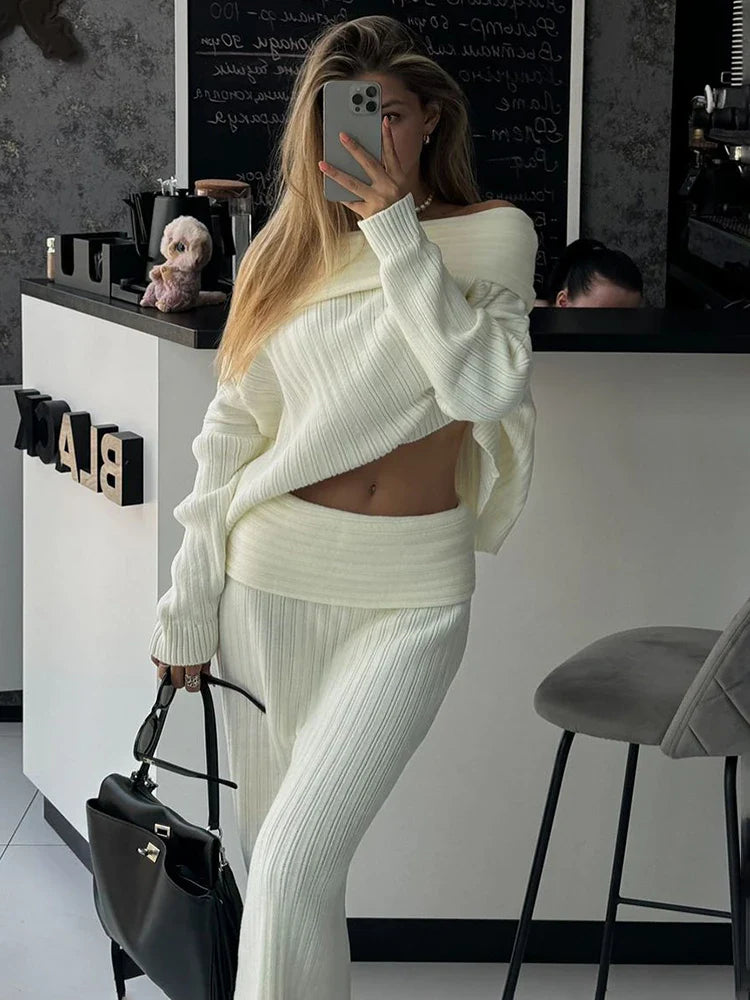 Black Friday JazzHer Knitted Skirt 2 Piece Set Women's One-Shoulder Long Sleeves Sweater Pullover Elegant Slim Fit Long Skirt Suit Autumn New