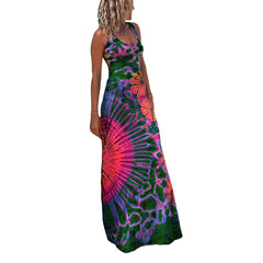 JazzHer Women Summer Y2k Tie Dye Long Dress Sexy Sleeveless Open Back Bandage Colorful Dress Floral Print Beach Party Vestido