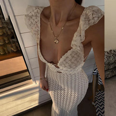 JazzHer Femme Holiday Knitted Beach Dress Lady Deep V Neck Sexy Maxi Dresses Women Backless See Through High Waist Long Cover Up Dress