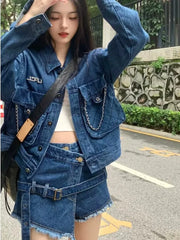 JazzHer-Streetwear Blue Cowboy Tops Coat Asymmetrical Design Lace Up Denim Mini Skirt Autumn Three Piece Sets Womens Outfits