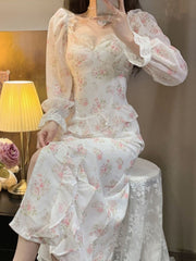 JazzHer   Sexy Elegant One Piece Dress Korea Casual Long Sleeve Floral Midi Dress Woman Beach French Vintage Party Dress Chic  Summer