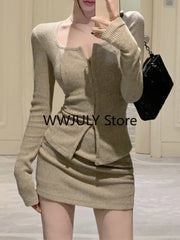 JazzHer 2024 Autumn New Grey Casual Knitted Suits Sexy 2 Piece Skirt Set Woman Elegant Y2k Crop Tops + High Waist Slim Mini Skirt Korean