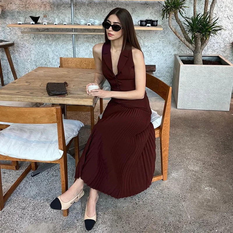 JazzHer Summer New Pleated Skirt Suit For Women Slim Sleeveless Short Vest Top Solid Long Skirt High Waist Fashion Two Pieces Set