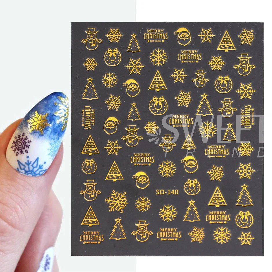 JazzHer Bronzing Gold Snowflakes Christmas Nail Art Decoration Sticker Elk Snowman Simple Line Geometry Winter Decals Manicure Tips LYSO