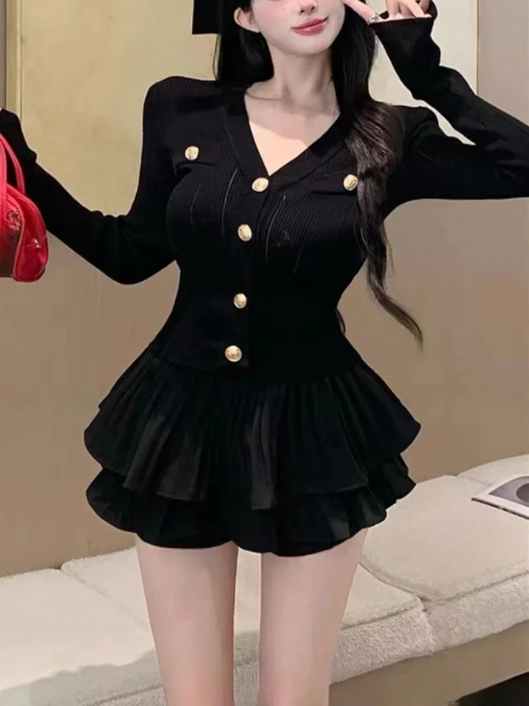 JazzHer 2024 Fall Fashion 2024 Summer Korea Fashion Knitted Suit Black Slim 2 Piece Skirt Set Casual Elegant Sweater + Women Outwear Casual Y2k Mini Skirt