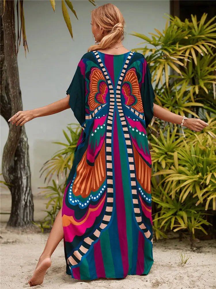 JazzHer Bohemian Butterfly Printed V Neck Batwing Sleeve Dresses For Women Clothing 2023 Beach Wear Causal Long Dress Vestidos Q1342