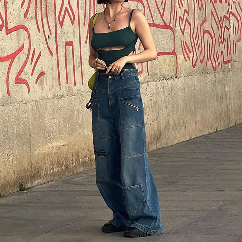 JazzHer Wide Leg Full Length Pants Jeans Women Spliced Denim Washed Vintage Loose Fit Solid Pockets High Waist Moto Biker 2024