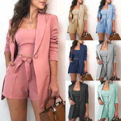 JazzHer Matching Sets Cardigan Single Button Pant Sets Tracksuit Turn Down Collar Vest Pockets Office Lady Three Pieces Shorts Solid