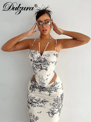 JazzHer Floral Tie Dye Print Women Y2K 2 Piece Set Halter Corset Crop Top Midi Skirt Suit Bodycon Sexy Club Matching Outfit