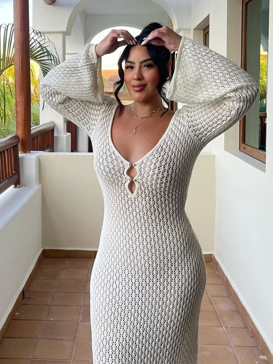 JazzHer-V-neck Hollowed Out Sexy Dress, Knitted Tight Fitting Long Sleeved Autumn and Winter New 2024 Fashion Casual Perspective Elegant