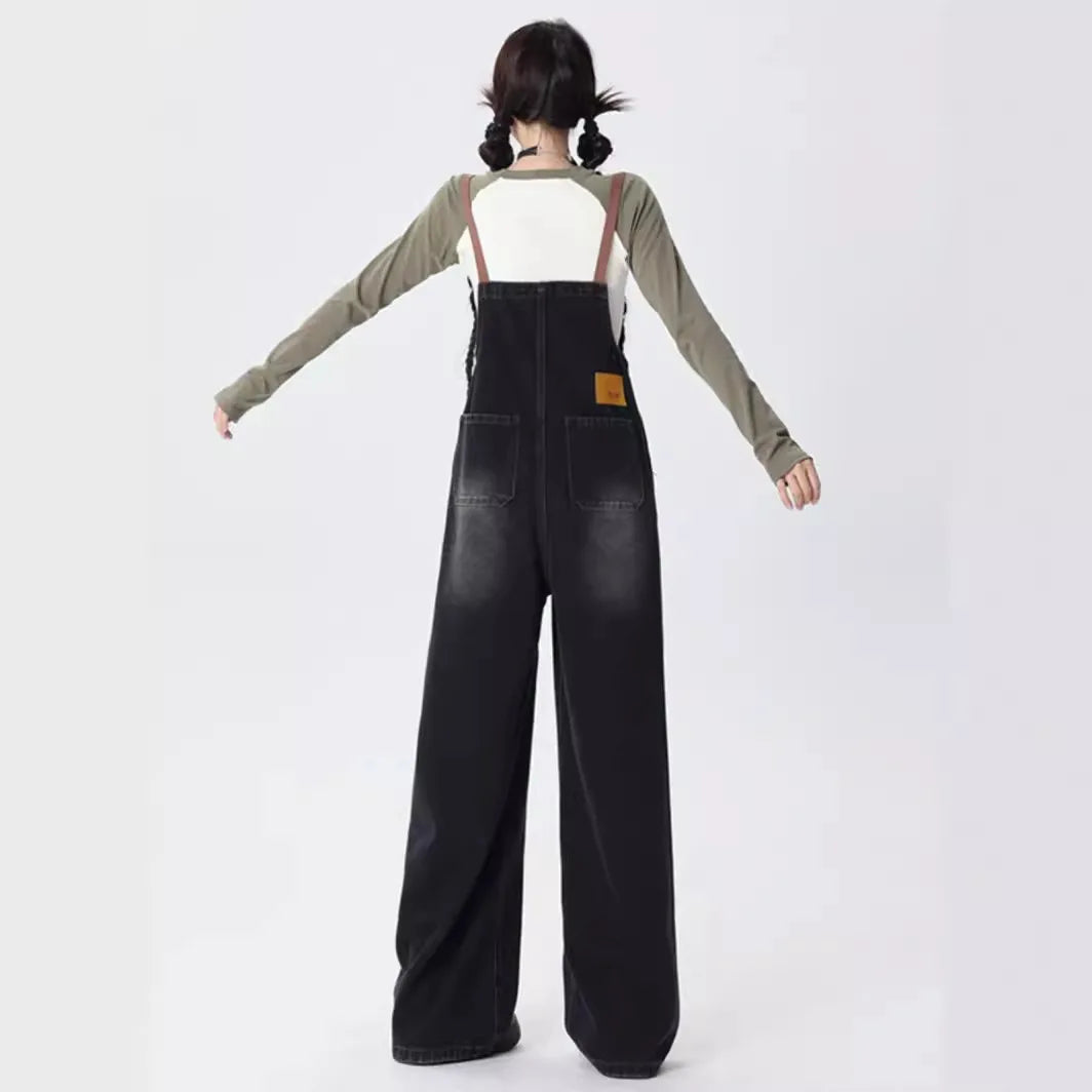 JazzHer Overalls Women Jeans Mid Waist Wide Leg Pants Full Length Jean Loose Fit Denim Washed Pockets High Street Solid Spliced