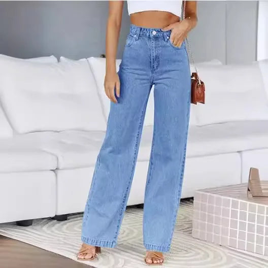 JazzHer Bleached Washed Straight Pants Women Denim Ankle Length Jeans Zipper Fly High Waist Jean Pocket Loose 2024 Summer Basics