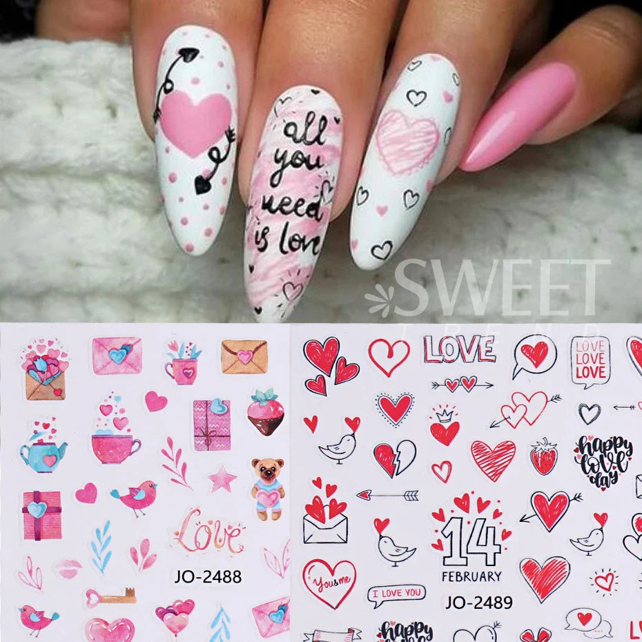 JazzHer Valentines Day Nail Art Sticker Sexy Girl Lips Bear Letter Design Slider 3D Red Love Heart Rose Stickers For Nails Decoration