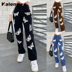 JazzHer Jeans Women Denim Pants Mid Waist Straight Pants Pockets Loose Fit Casual Trousers 2024 Ankle Length Print Vintage Spliced