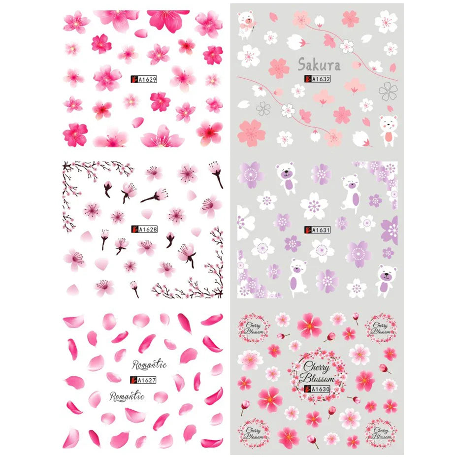 JazzHer 12pcs Sakura Cherry Blossoms Water Nail Stickers Flower Leaf Cat Deer Sliders For Nails Spring Manicure Decorations LYA1621-1632