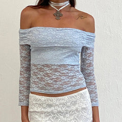 JazzHer Vintage Y2K Aesthetic Backless T-shirt Fairy Cottage Floral Lace Sheer Crop Tops Kawaii Off Shoulder Long Sleeve Slim Fit Tee