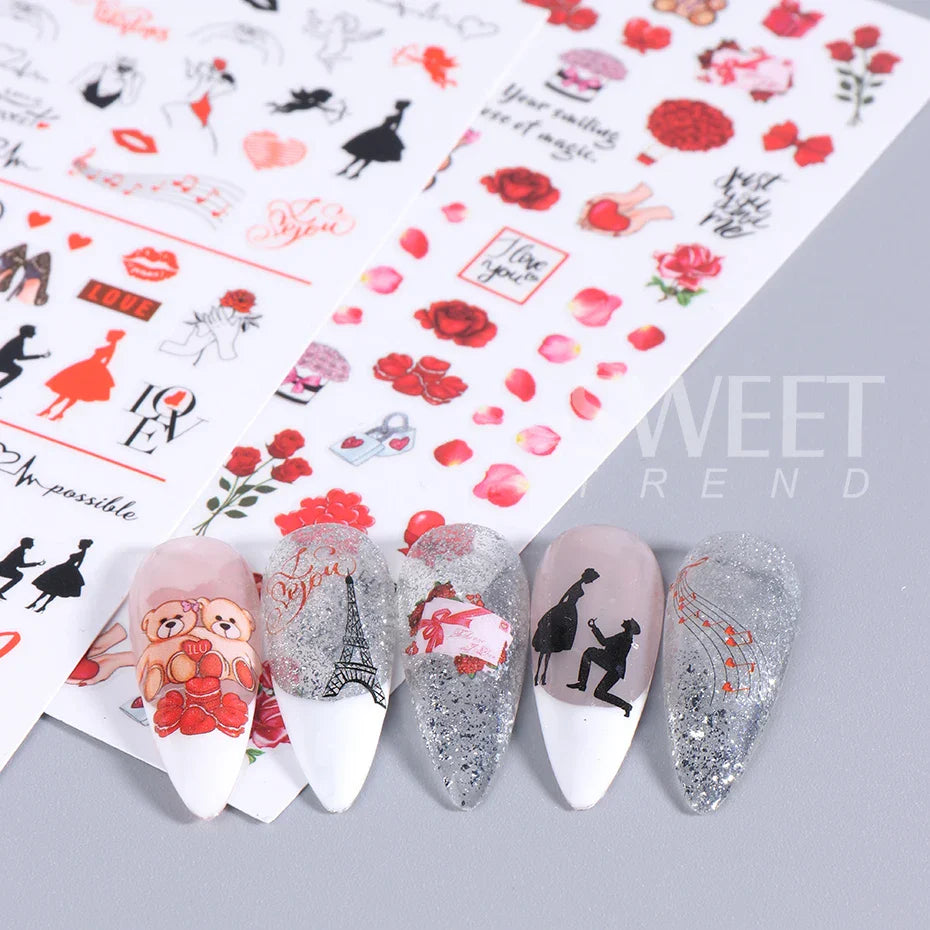 JazzHer Black English Letter Love 3D Nail Art Stickers New Valentine's Day Decals Nail Supplies Red Lips Line Stickers For Nails Slider