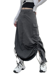 JazzHer Retro Women Long Cargo Pocket Baggy Skirts Side Drawstring Low Rise Solid Pockets Hip Hop Straight Skirts Y2k Streetwear