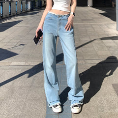 JazzHer Denim Jeans Straight Vintage High Waist Streetwear Buttoned Jeans Slight Blue Long Pants Y2k Work Summer Blue Jeans Capris