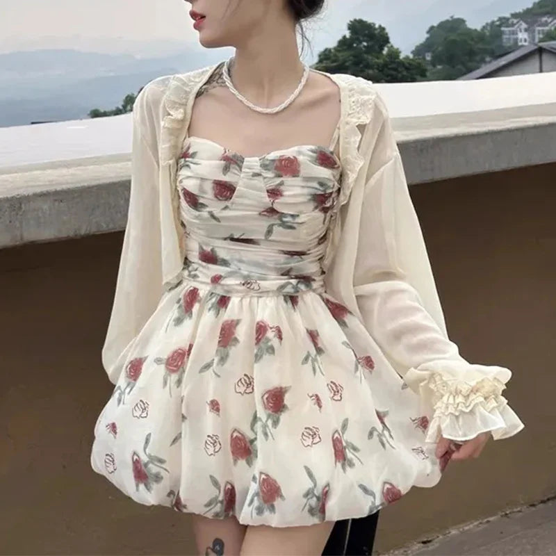 JazzHer Women Summer Floral Suspender Belt Sweet Dress Fashion Tighten The Waist 2024 New Spring Summer Dress Elegant Kawaii Dress