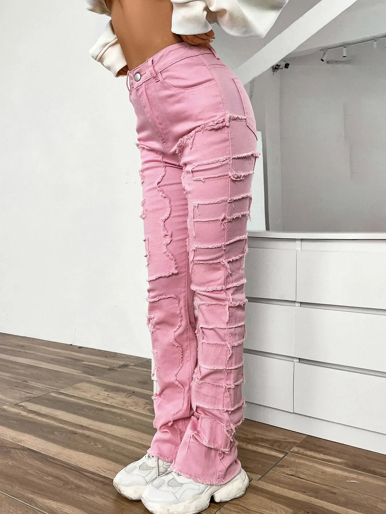 JazzHer Women Jeans Denim Straight Pants Spliced Patchwork High Street Slim Fit Pockets Mid Waist Washing Zipper Slight Srech 2024