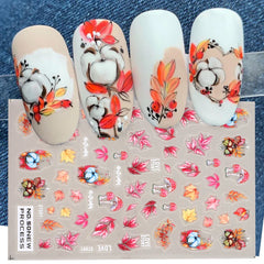 JazzHer 3D Red Maple Cotton Nail Art Stickers Mushroom Geometry Flowers Leaf Pattern Watercolor Winter Decals Decoration Foils Tips LYNO