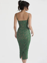 JazzHer Spaghetti Strap Lace Sexy Midi Dress For Women Gown  Green Sleeveless Backless Club Party Printed Long Dress Vestidos