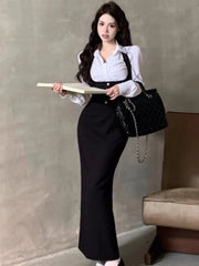 JazzHer Spring Autumn New 3 Piece Set For Women Dress Sets Patchwork Black Short Coat White Shirt Bodycon Camidole Dresses Fashion Suit