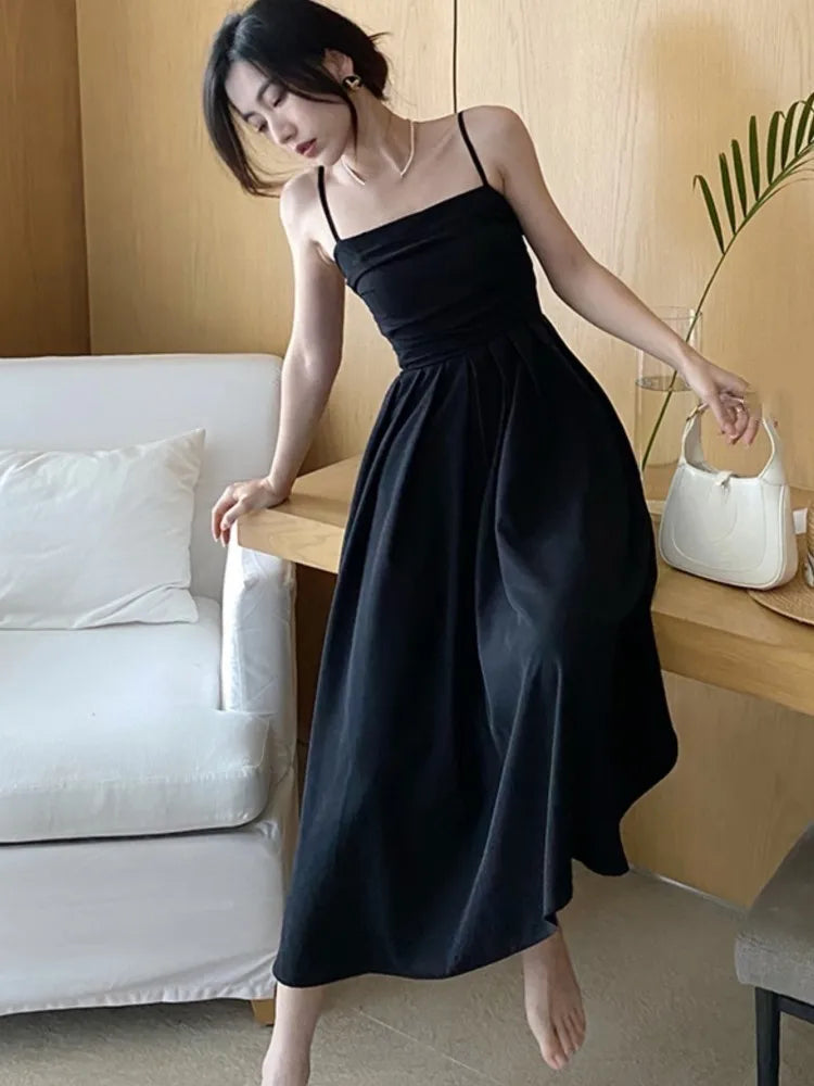 JazzHer Summer Casual Spaghetti Strap Midi Dress Women Solid A-line Holiday Beach Style French Korean Fashion Slim High Waist Vestido