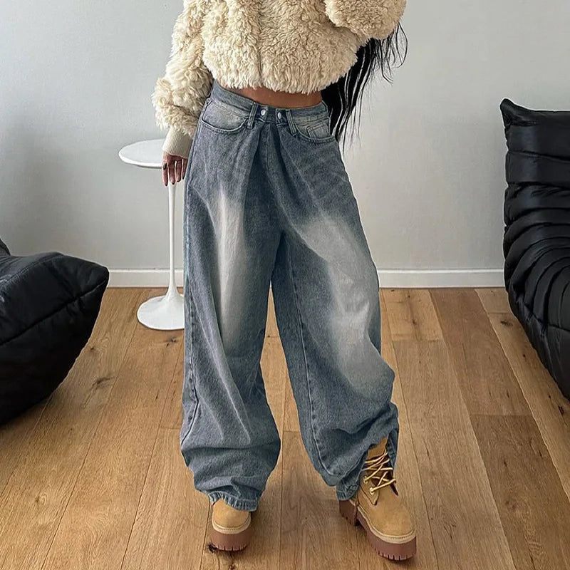 JazzHer Straight Pants Women Jeans Full Length Denim Distressed Pleated Pockets Loose Fit Low Waist Basics Casual 2024 Washing