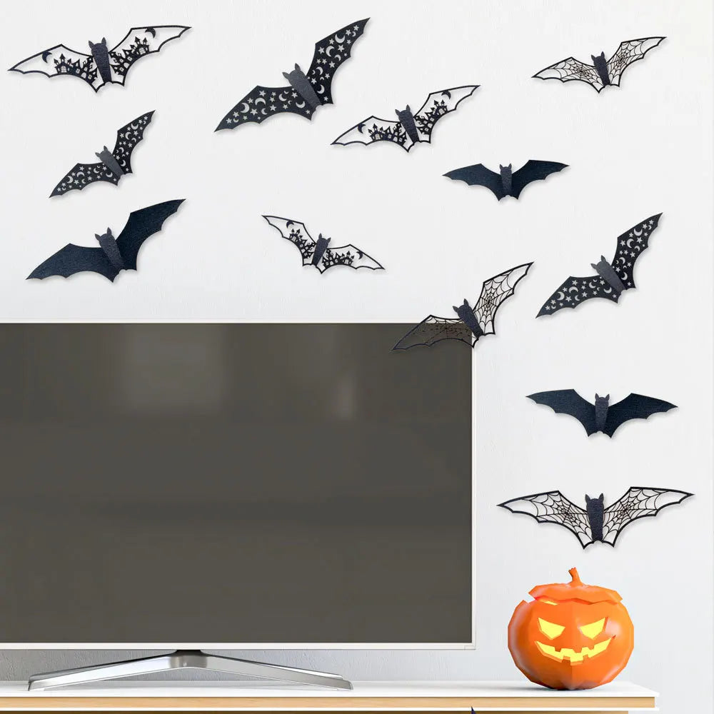 JazzHer New 12Pcs Halloween 3D Hollow Bat Wall Stickers Black Bat Sticker Room Decor Party DIY Decals Halloween Horror Bats Removable