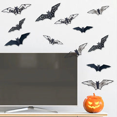 JazzHer New 12Pcs Halloween 3D Hollow Bat Wall Stickers Black Bat Sticker Room Decor Party DIY Decals Halloween Horror Bats Removable