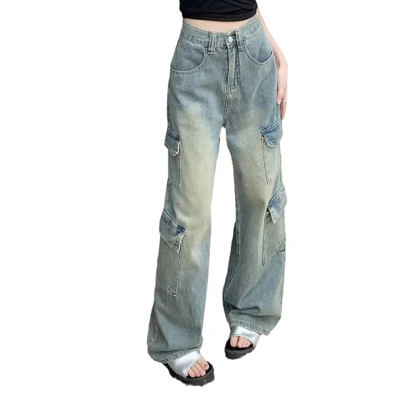 JazzHer Women Vintage Jeans Wide Leg Pants High Waist Pockets Button Zipper Fly Basics Full Length Streetwear Denim Straight Trousers