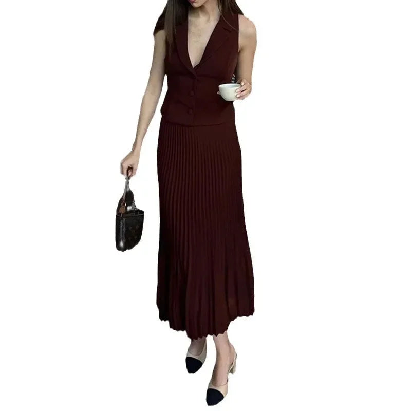 JazzHer Solid Ankle Length Dress Sets Pleated Skirts V Neck Sleeveless Vest Single Breasted Two Pieces Loose Button Office Lady 2024