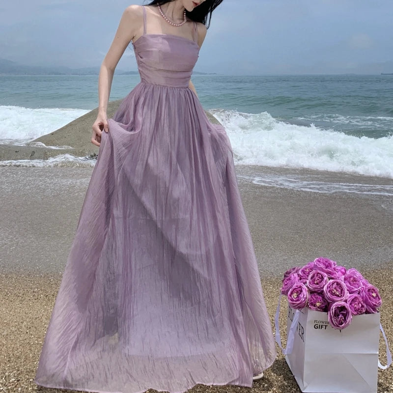 JazzHer 2024 Summer Purple Fairy Evening Party Long Dress Women Vintage Sexy Dresses Ladies Spaghetti Strap Tulle Pleated Dress Backless