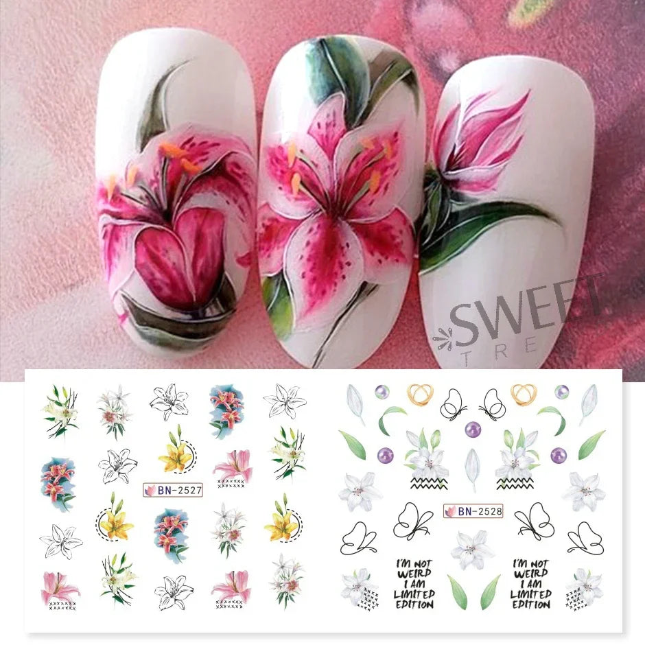 JazzHer Spring Watercolor Flowers Stickers For Nail Blooming Leaves Floral Transfer Sliders DIY Bouquet Design Manicure Foils Decal LYBN