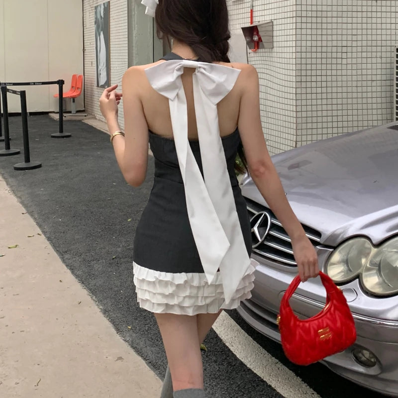 JazzHer 2024 Summer New Streetwear Pleated Contrast Color Patchwork A-Line Skirt Women + Bow Sexy Backless Camisole Two-piece Suit