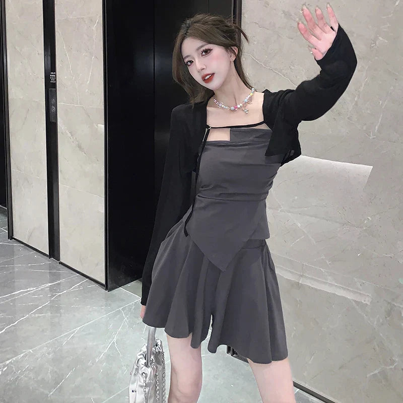 JazzHer-New Autumn Fashion Black Slim Mini Dress for Women Long Sleeved Sunscreen Cardigan Elegant Chic Office Lady Dresses Korean