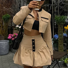 JazzHer Autumn New Navel Bud Skirt Suit Women's Lapel Long Sleeve Short Cardigan Fashion Streetwear Slim Matching Sets Female