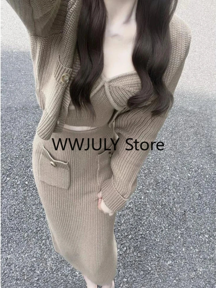 JazzHer 2024 Fall Fashion Elegant Knitted 3 Piece Set Woman Fashion Suit Casual Sweater Cardigan + Sexy Vest + Slim Bodycon Midi Skirt Office Lady 2024