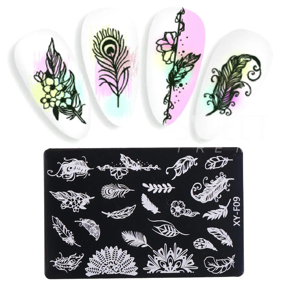 JazzHer Nail Art Stamping Plate Butterfly Feather Designs Geometry Flower Drawing Printing Stamp Templates Nail Charm Mold Stencil Tools