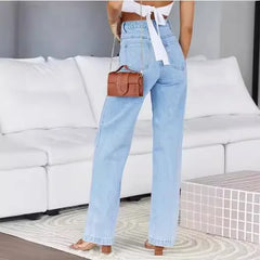 JazzHer Bleached Washed Straight Pants Women Denim Ankle Length Jeans Zipper Fly High Waist Jean Pocket Loose 2024 Summer Basics