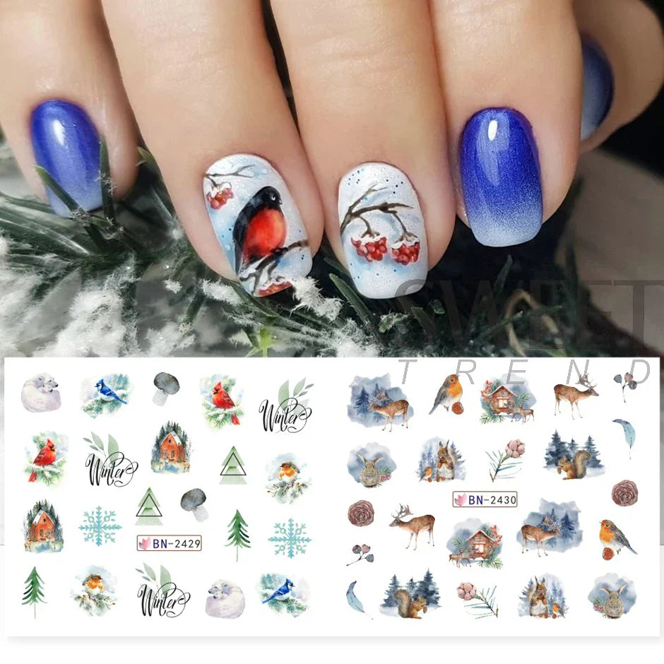 JazzHer 12pcs Winter Forest Styling Water Stickers For Nail Gradient Snowflake Bird Elk Design Xmas Manicure Charm Sliders LYBN2425-2436