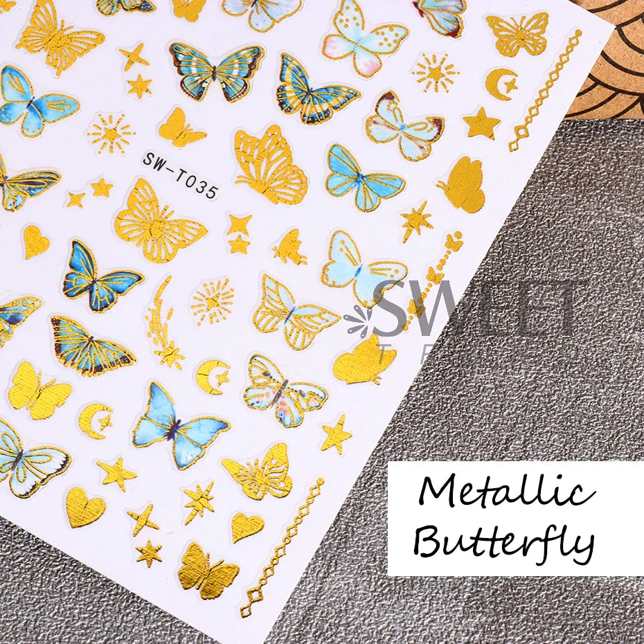 JazzHer Bronzing Golden Butterfly Nails Manicure Stickers Metallic Line Flowers Bird Spring Theme DIY Charm Adhesive Sliders Decor LYSWT