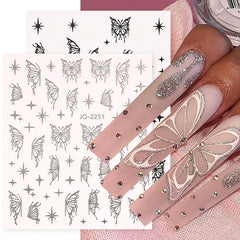 JazzHer Black Silver Fairy Lace Butterflies Nail Art Stickers 3D Mirror Hollow Big Flying Papilio Decal Holographic Spring Manicure LYJO