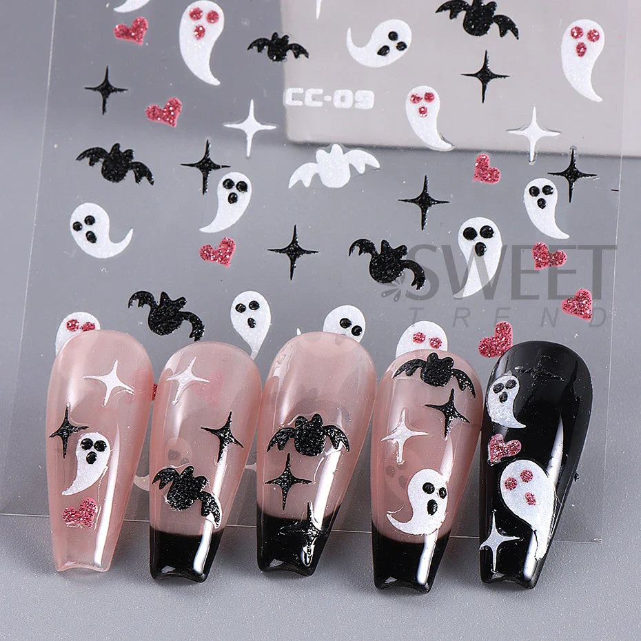 JazzHer 3D Luminous Halloween Ghost Nail Art Stickers Spider Web Bat Self-adhesive Sliders Nail Glowing in the Dark Manicure Decoration