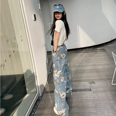 JazzHer Straight Pants Denim Buttoned High Waist Streetwear Jeans Vintage Slight Blue Jeans Long Y2k Work Summer Blue Jeans Capris