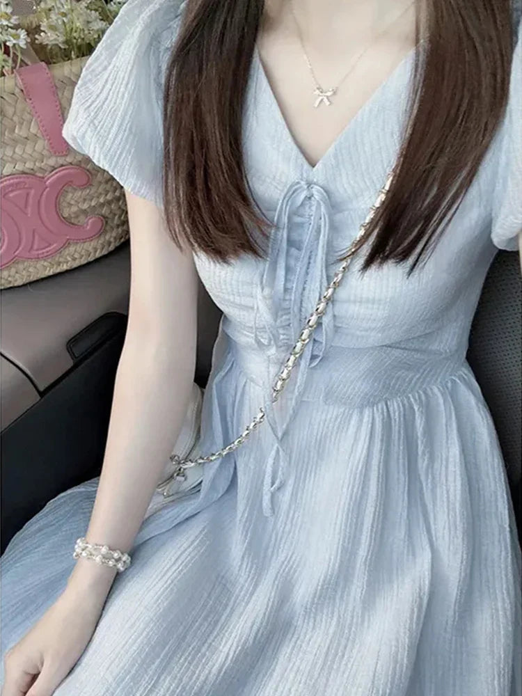 JazzHer Korean Style Folds Women Dress for Women Sweet Fairy Slim Fit Dress Tighten The Waist Fashion 2024 New Spring Summer Dress