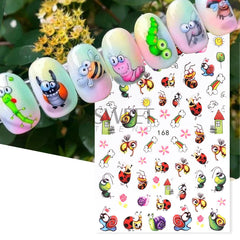 JazzHer Cartoon Ant Nail Manicure Sticker Cute Ladybug Succulent Plant Bee Adhesive Sliders Rainbow Candy Summer Kawaii Decoration Foils