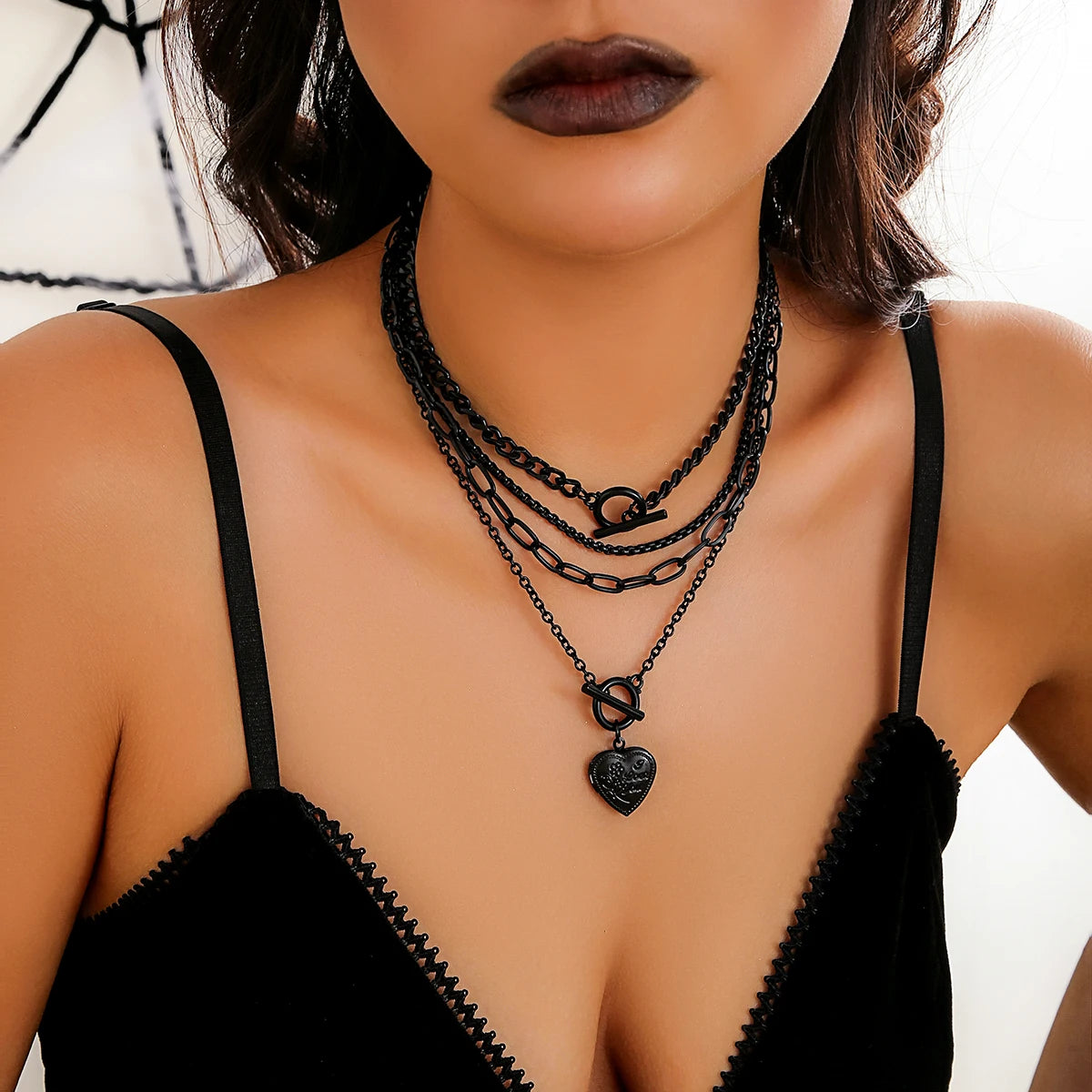 JazzHer IngeSight.Z Gothic Multilayer Black OT Buckle Peach Heart Pendant Necklace Set  Women Punk Cuban Link Clavicle Chain Halloween